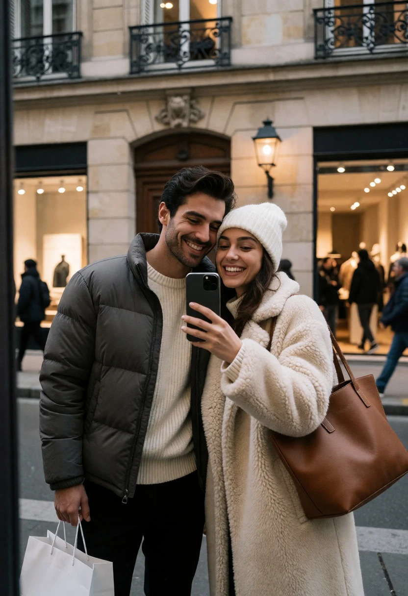 Couple taking a joyful mirror selfie in front of city storefront reflection - AI generated image prompt sample