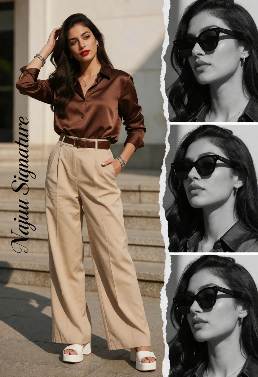 Stylish woman in brown satin outfit on urban steps with photo collage - AI generated image prompt sample