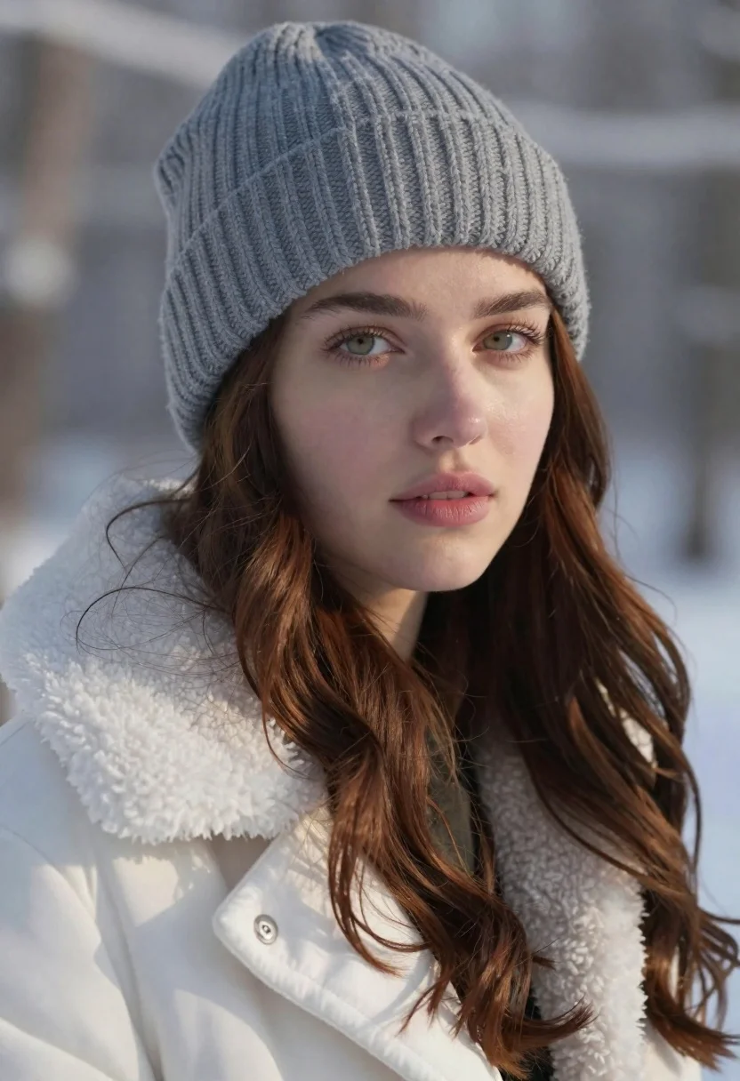 Close up portrait of young woman with brown hair in white coat - AI generated image prompt sample