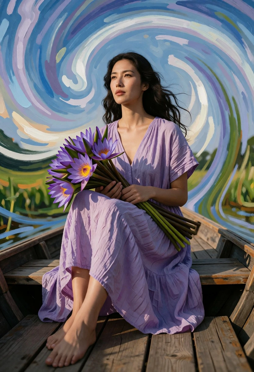 Woman on wooden boat holding purple lilies against swirling blue green background - AI generated image prompt sample
