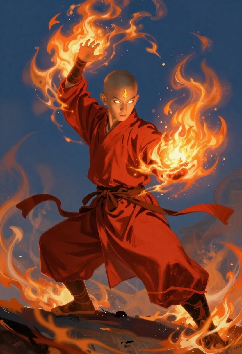 Bald monk casting fire energy against blue sky