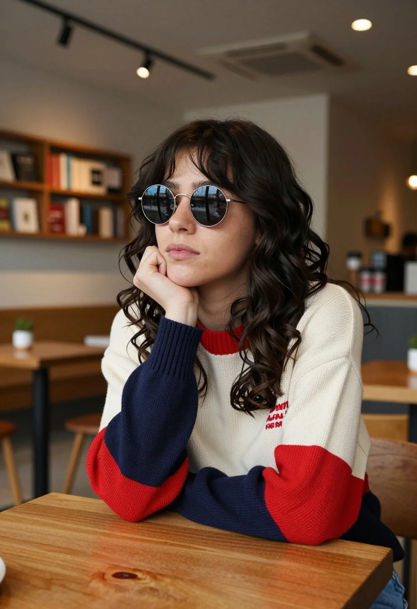 Young woman with dark wavy hair at wooden table in modern cafe - AI generated image prompt sample