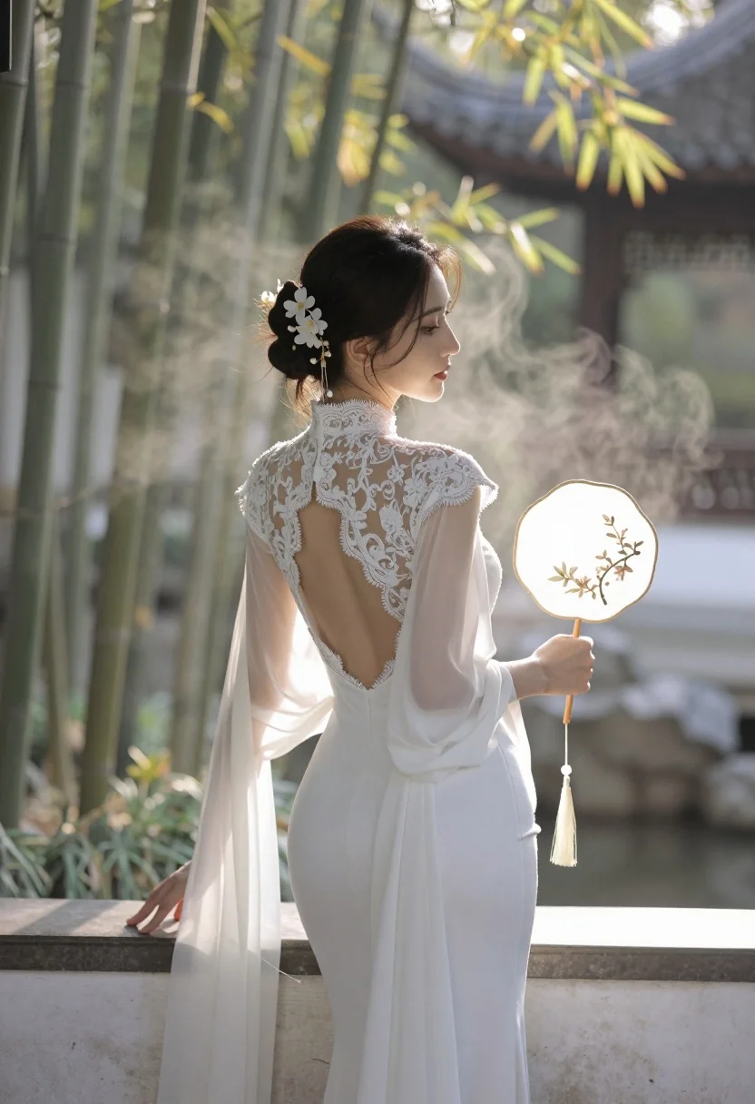 Woman in white gown looking over shoulder in misty garden setting - AI generated image prompt sample