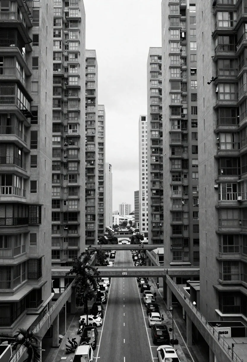 Black and white view of dense urban canyon architecture