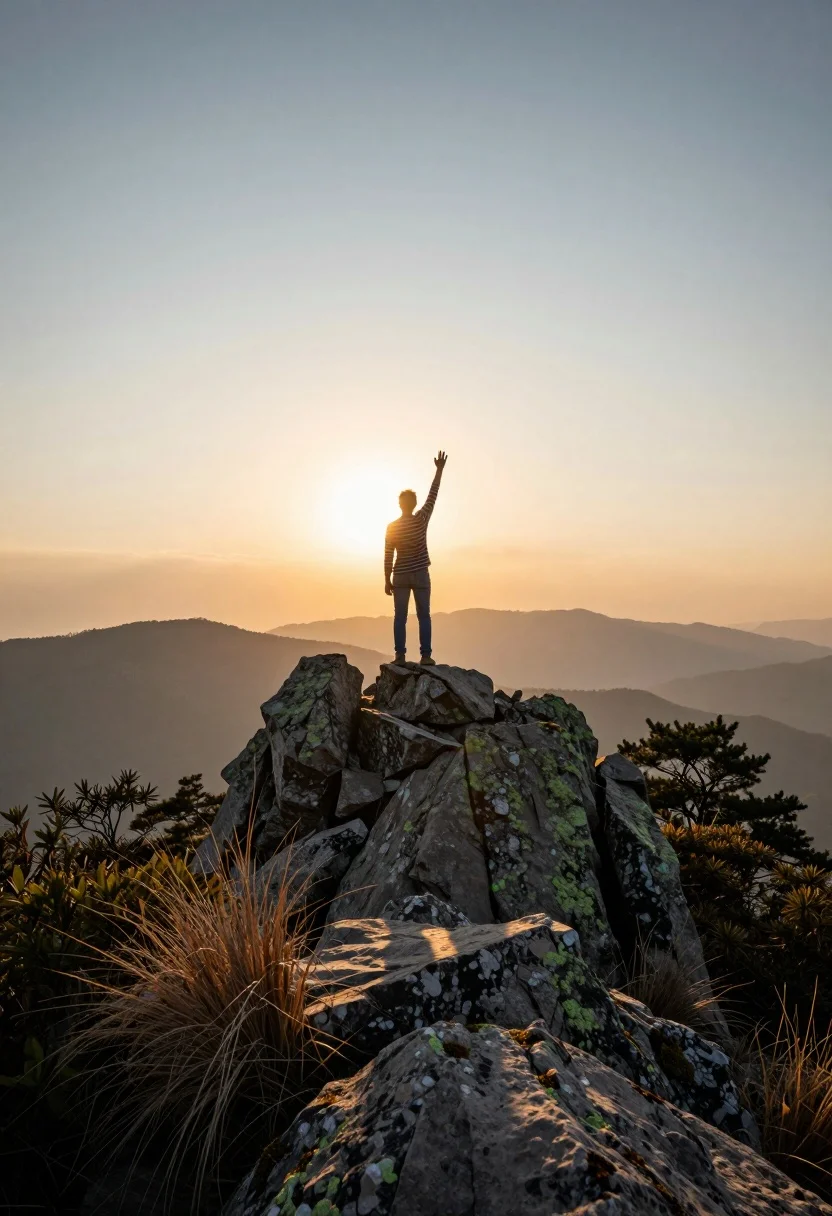 Solitary figure standing triumphantly on rugged mountain peak at golden sunset - AI generated image prompt sample