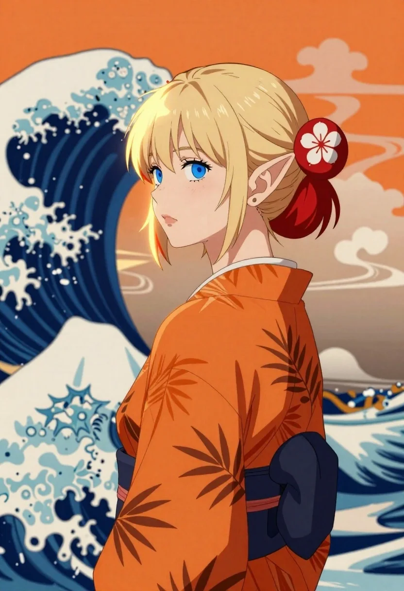 Anime woman in orange kimono against stylized ocean waves