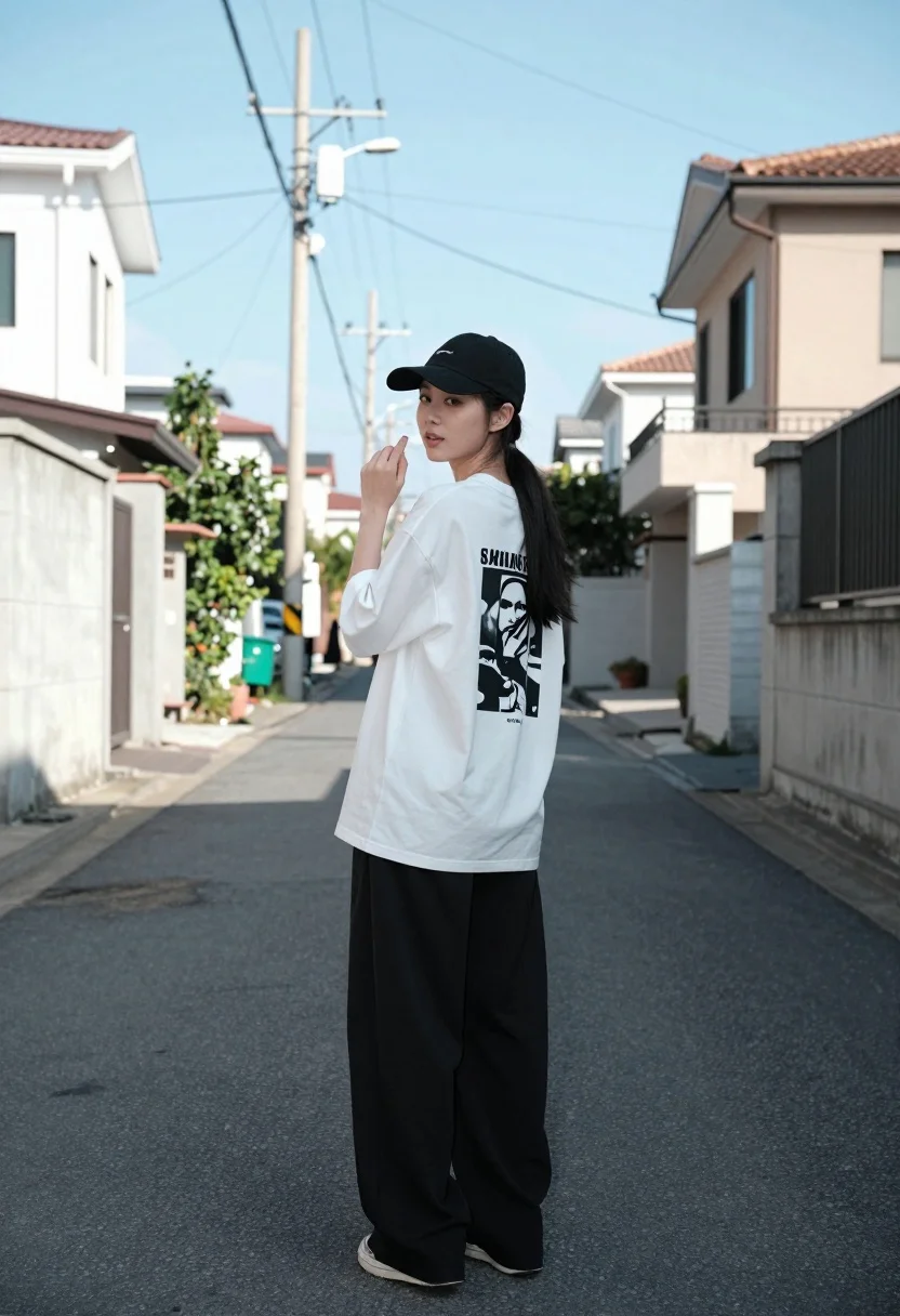 Young woman looking back over shoulder on quiet residential street - AI generated image prompt sample