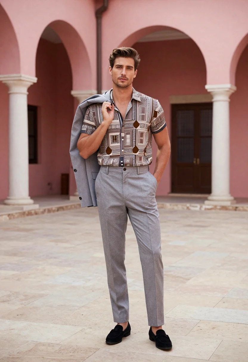 Handsome man in patterned shirt standing in pink arched courtyard - AI generated image prompt sample