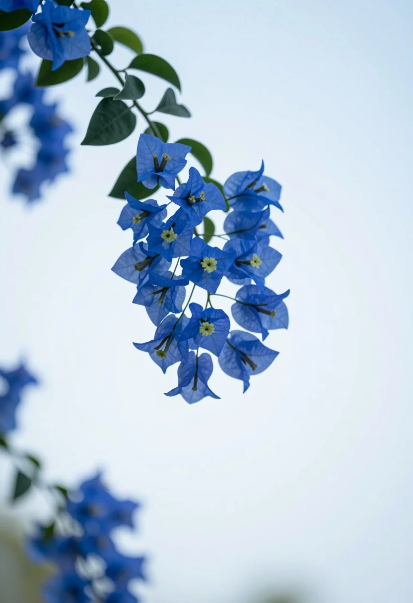 Delicate cluster of vibrant blue bougainvillea flowers against pale sky - AI generated image prompt sample