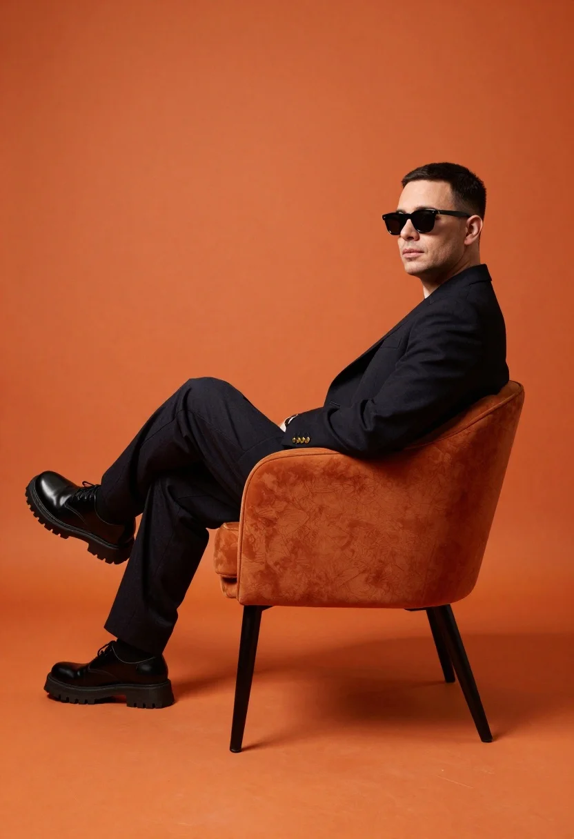 Man in dark suit sitting confidently on orange chair against solid backdrop - AI generated image prompt sample