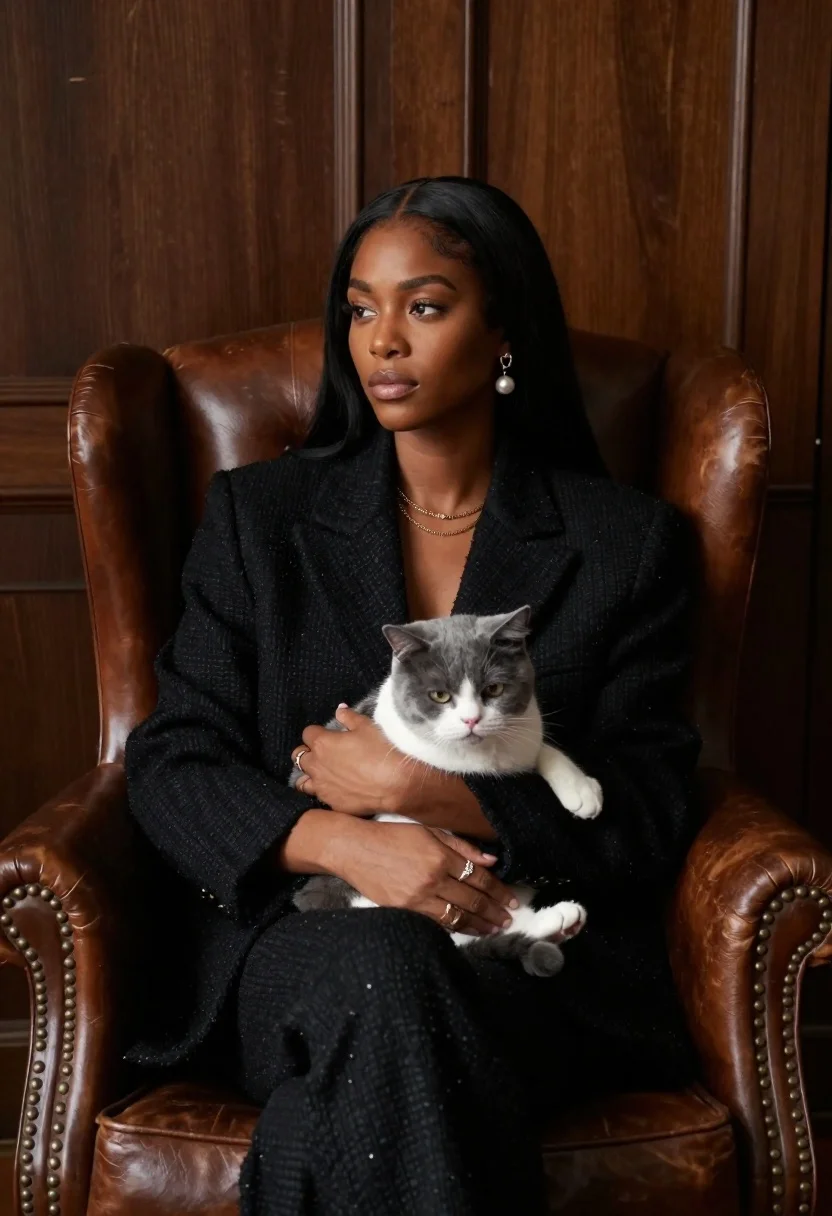 Woman in black blazer holding grey and white cat on leather armchair - AI generated image prompt sample
