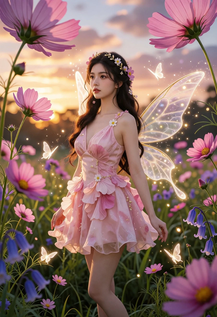 Young woman in pink dress among giant cosmos flowers at sunset - AI generated image prompt sample