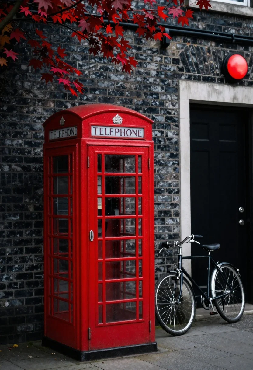 Red british telephone booth and bicycle against dark brick wall - AI generated image prompt sample