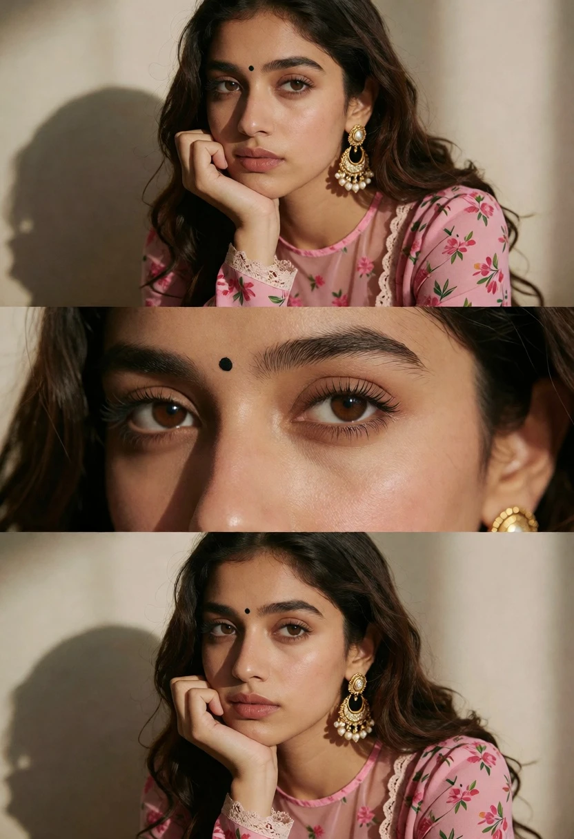Triptych portrait of young woman with floral top and ornate gold earrings - AI generated image prompt sample