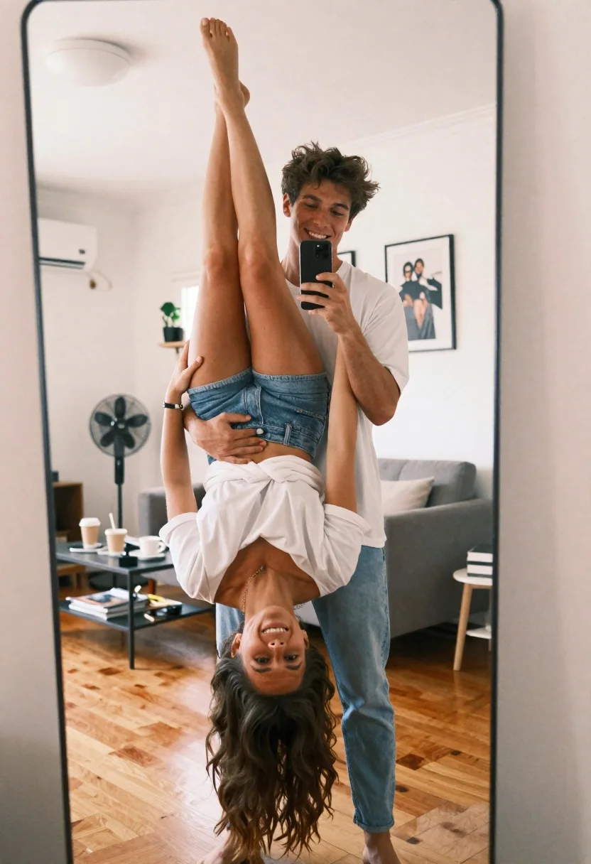 Young couple playful lift mirror selfie in bright living room - AI generated image prompt sample