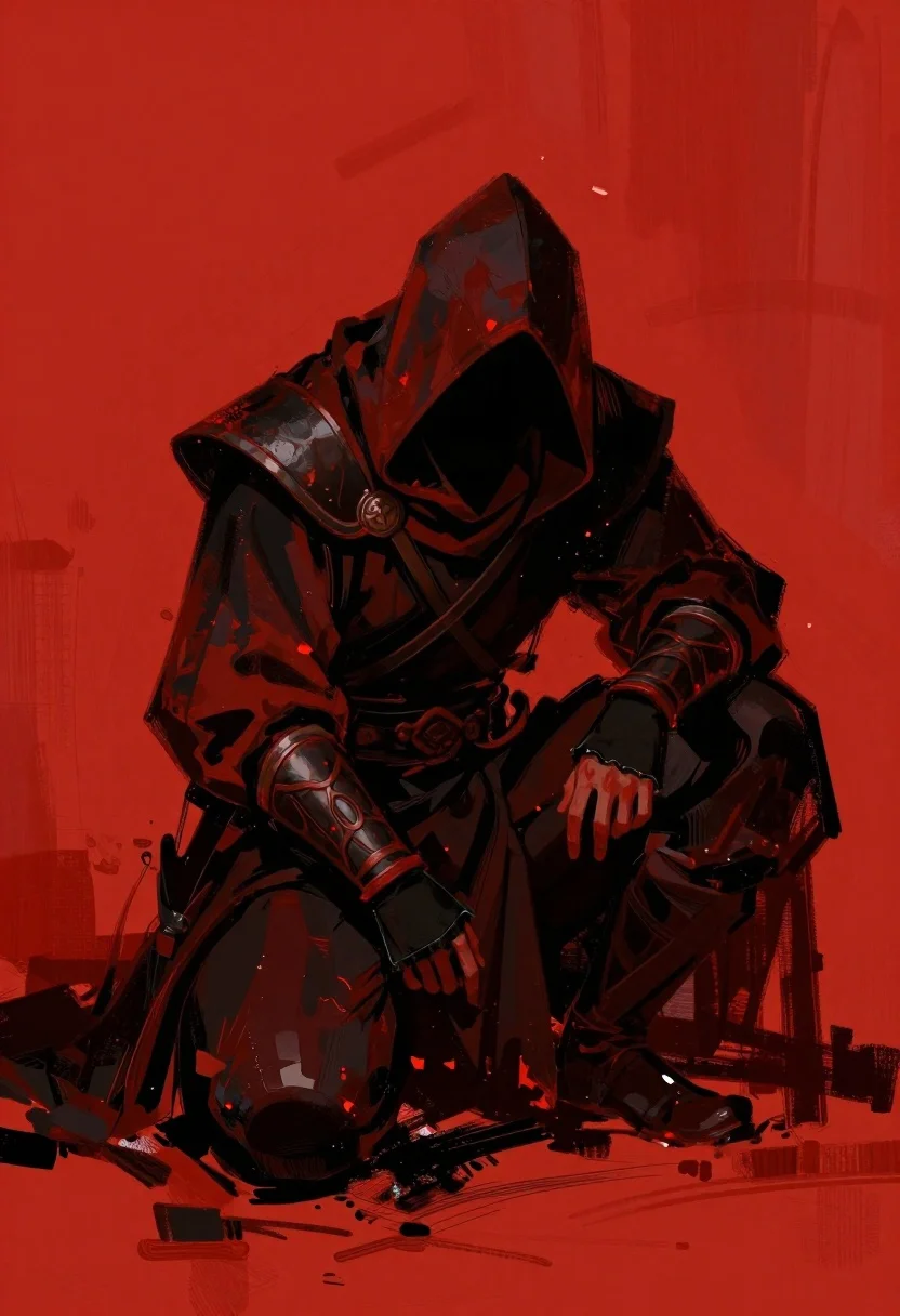 Hooded warrior crouching against abstract red background