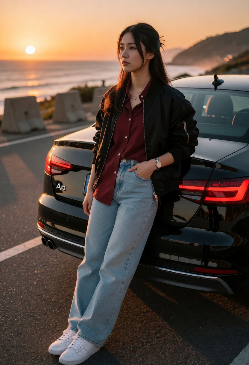 Young woman leaning against black audi a4 by ocean at sunset - AI generated image prompt sample