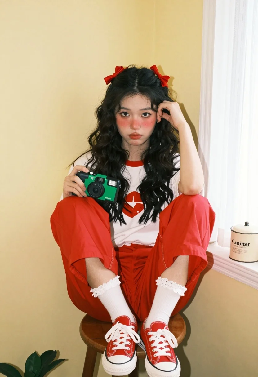 Young woman with dark wavy hair sitting indoors wearing bright red jumpsuit - AI generated image prompt sample