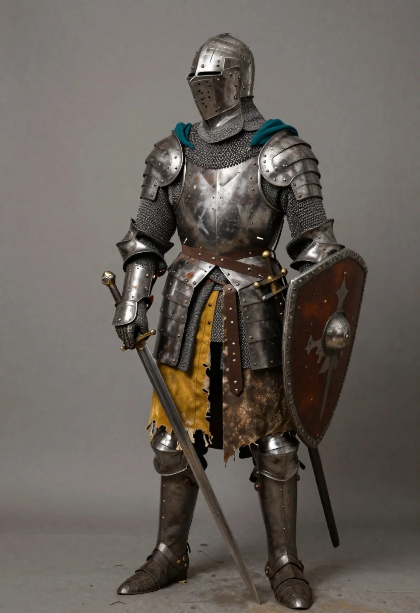 Medieval knight in weathered steel armor with teal cape