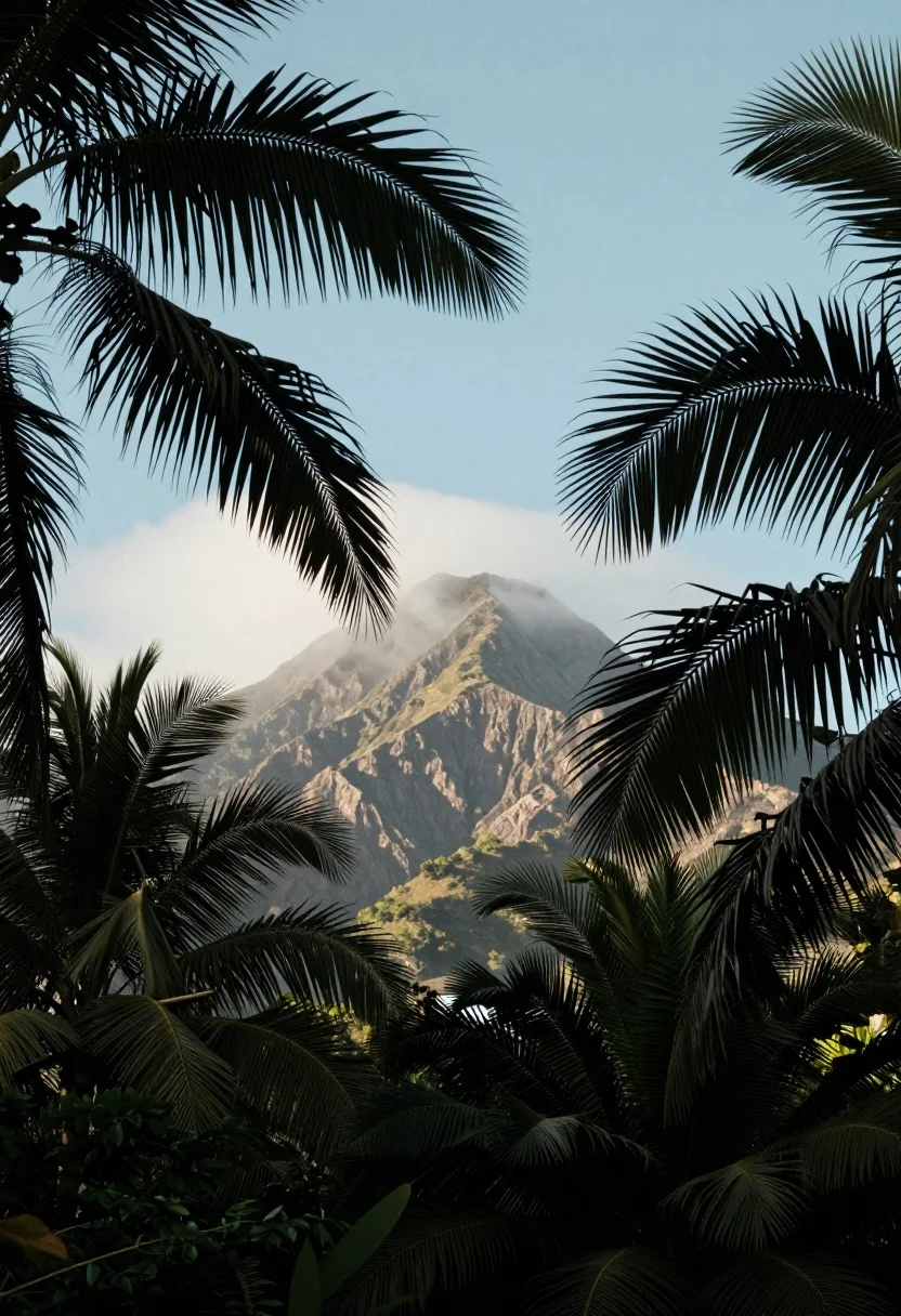 Serene tropical mountain landscape framed by lush palm fronds in soft daylight - AI generated image prompt sample