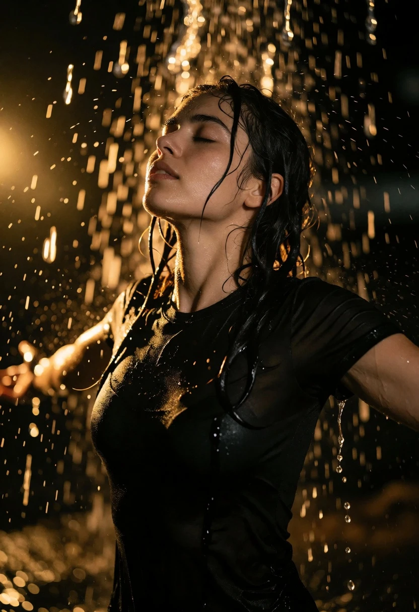 Young woman embracing dramatic downpour under warm golden backlighting - AI generated image prompt sample