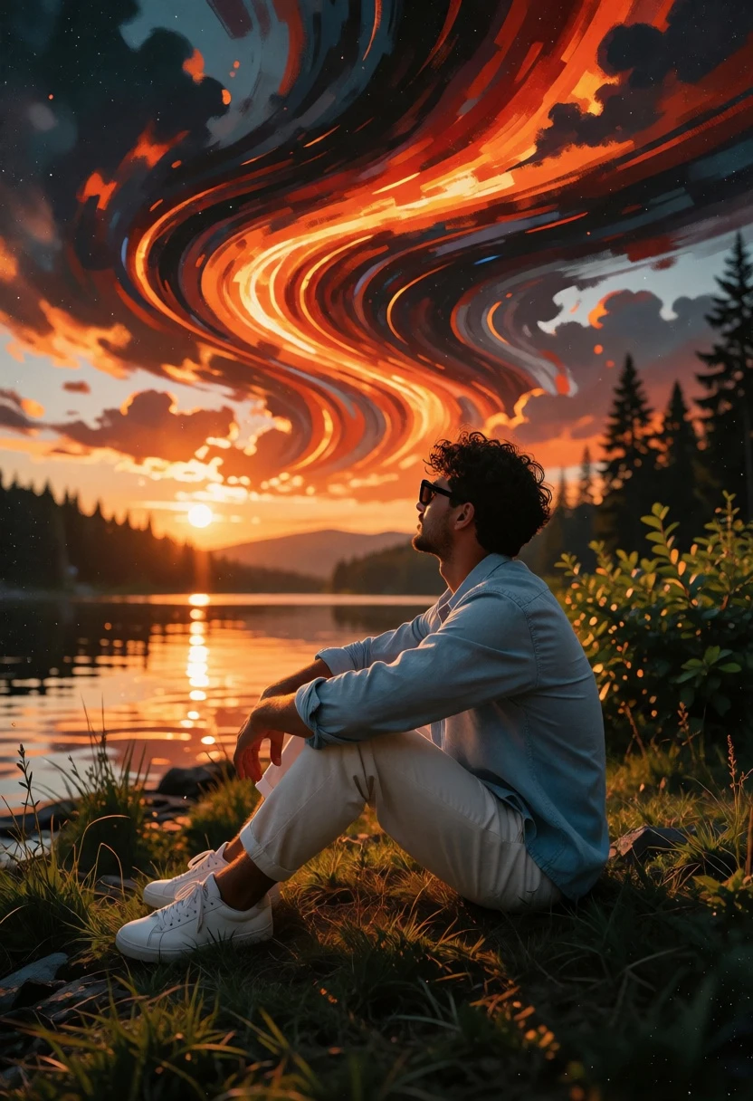 Man sitting by lake at surreal sunset with fiery orange and red - AI generated image prompt sample