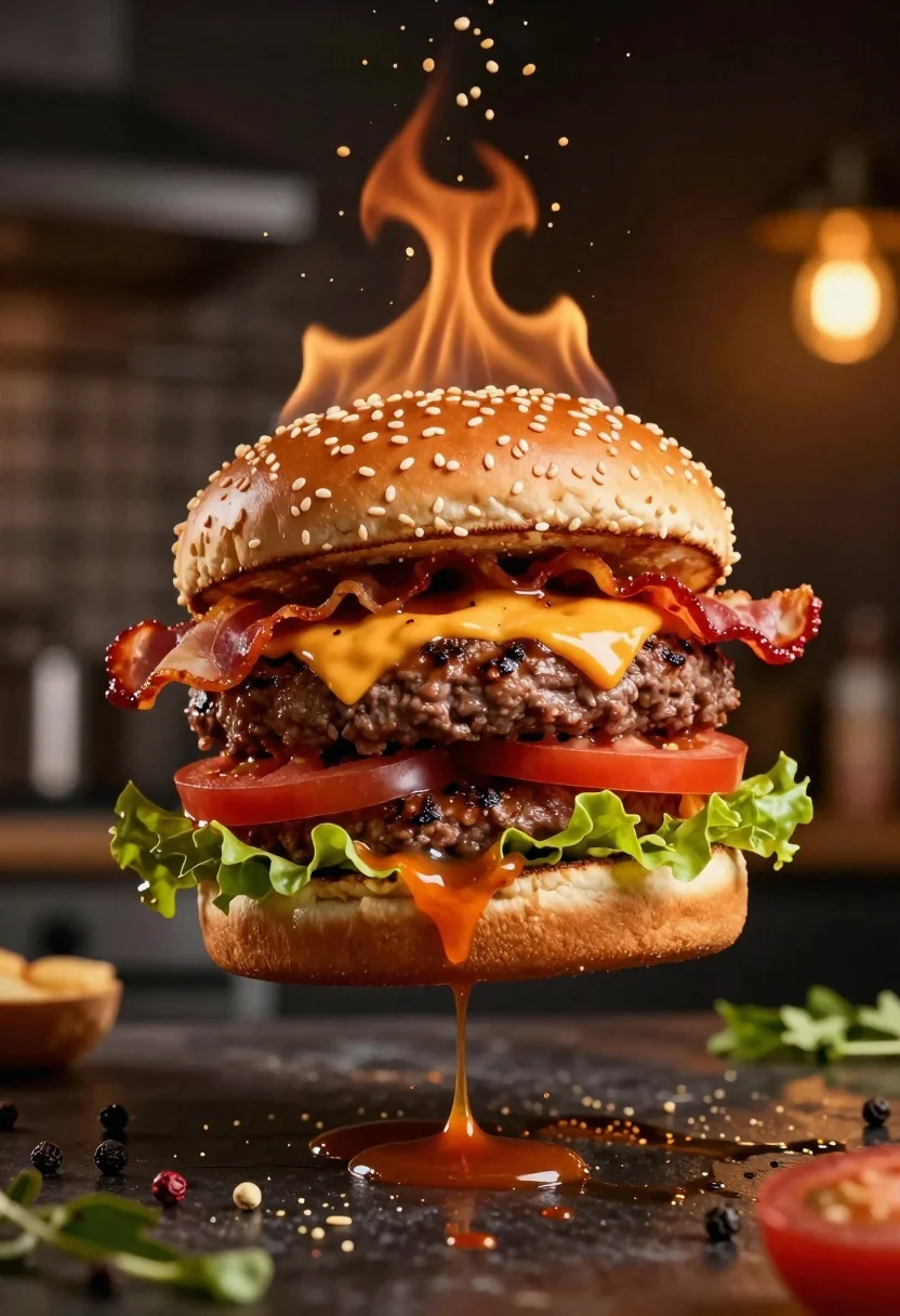 Hyperrealistic floating double cheeseburger with sesame seed buns