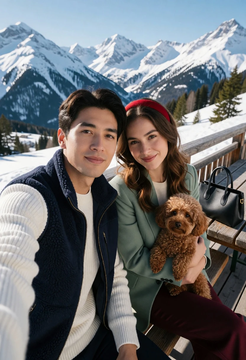 Couple selfie portrait on wooden bench overlooking snowy alpine mountains - AI generated image prompt sample