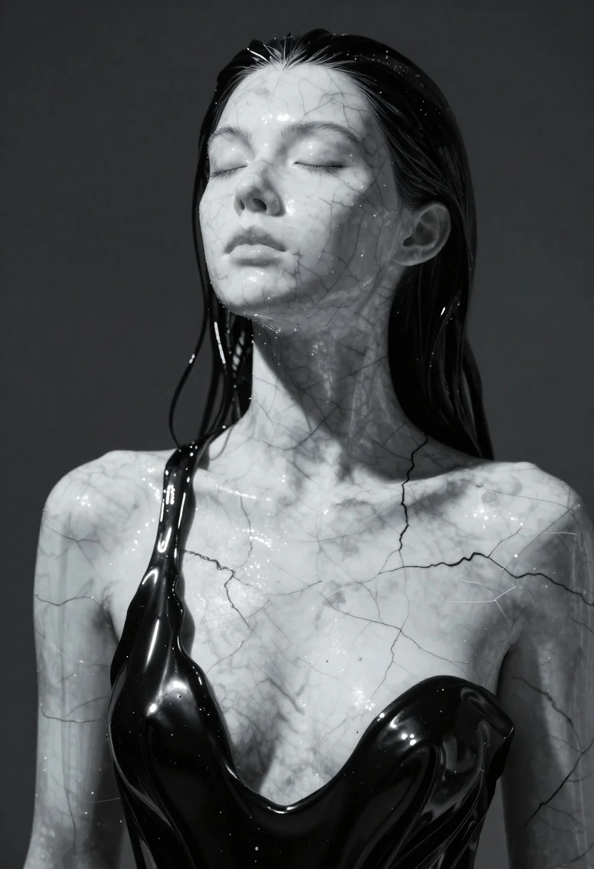 Closeup portrait of woman with white marble skin and glossy black liquid - AI generated image prompt sample