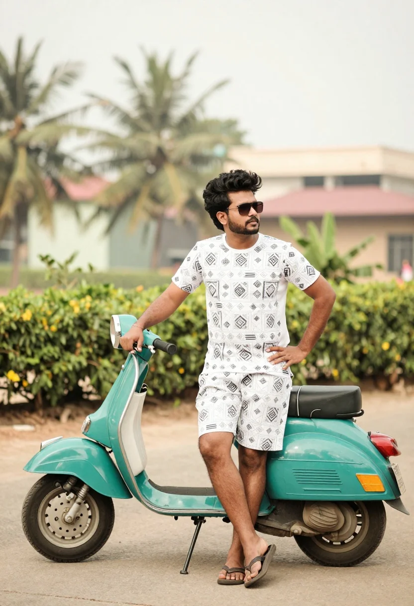 Man leaning on teal vintage scooter in outdoor setting with blurred background - AI generated image prompt sample