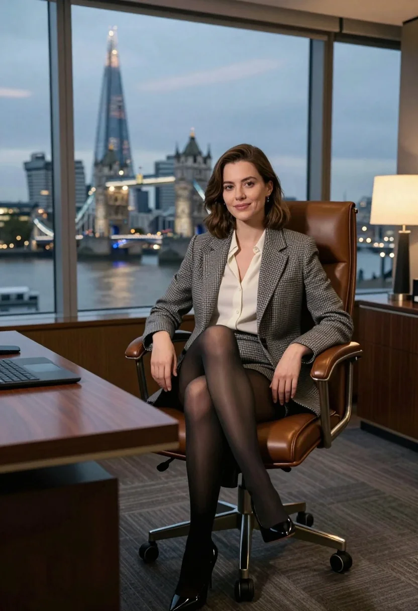Young woman in houndstooth blazer seated at desk overlooking london dusk - AI generated image prompt sample