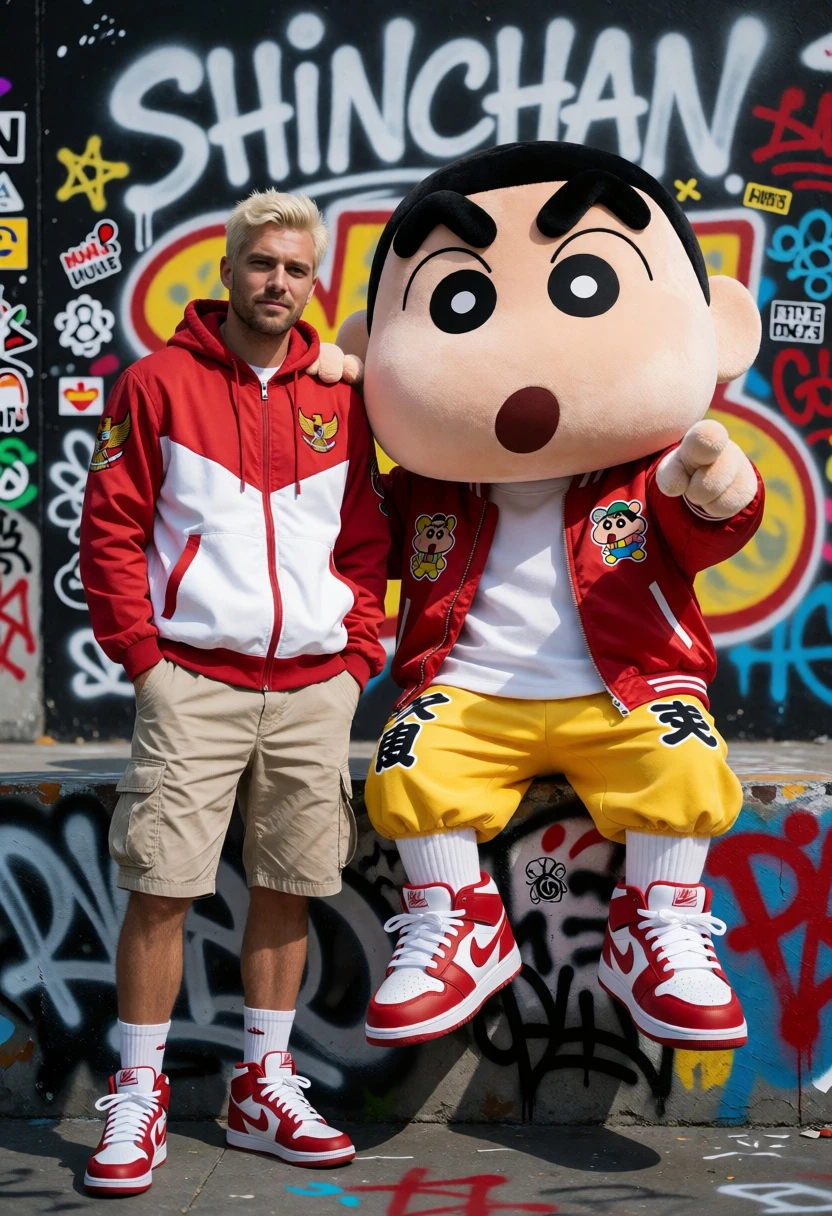 Man and mascot character posing against colorful graffiti covered wall - AI generated image prompt sample