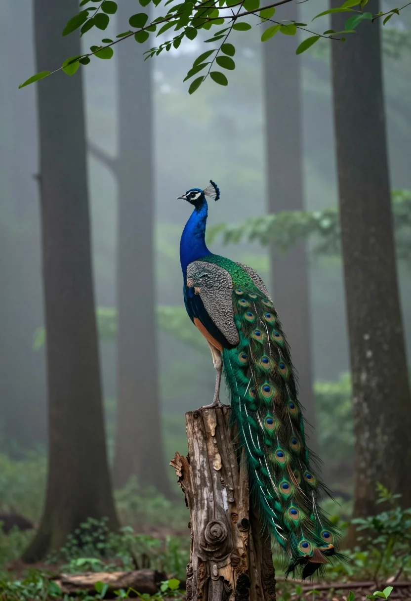 Majestic peacock on wooden stump in misty forest woodland setting - AI generated image prompt sample