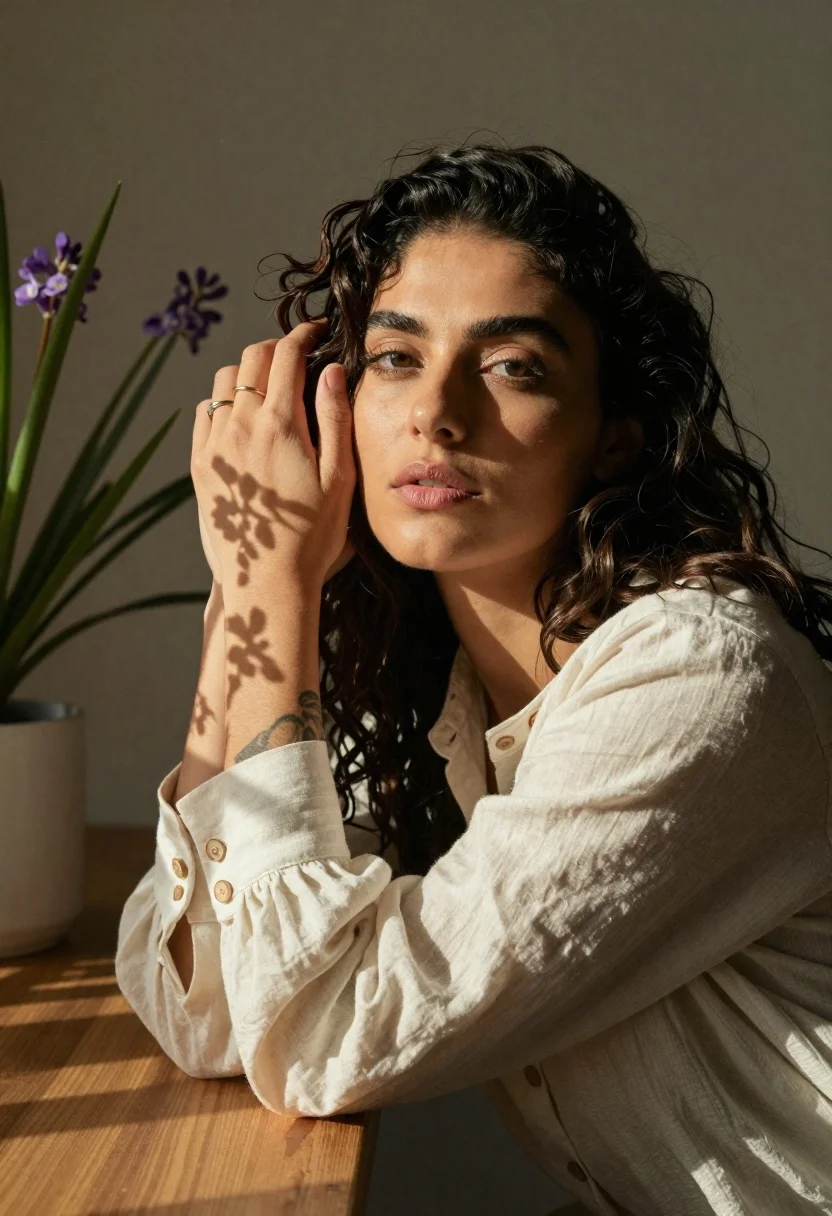Woman with dark wavy hair in cream blouse near potted plant