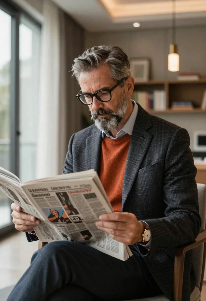 Middle aged man reading newspaper in upscale living room - AI generated image prompt sample