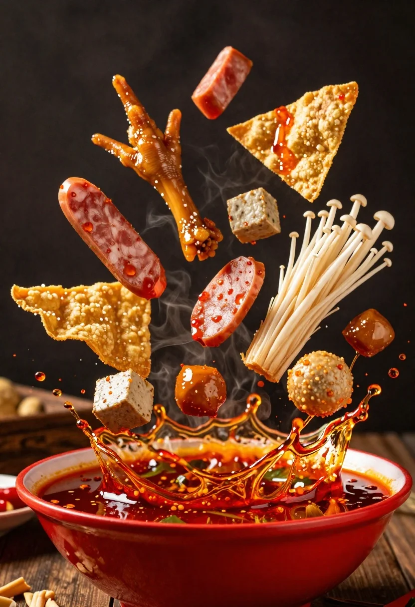 Spicy hot pot ingredients exploding from a red bowl in midair - AI generated image prompt sample