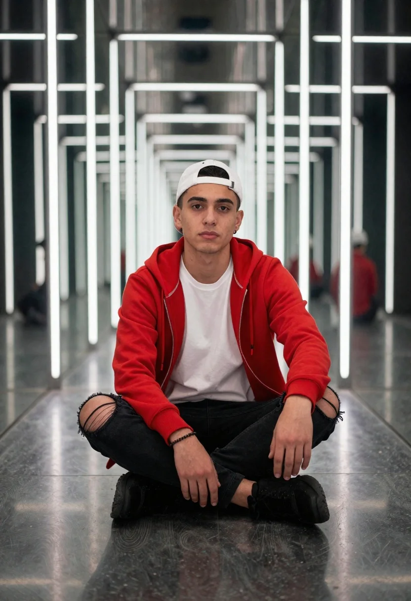 Young man in red hoodie in mirrored futuristic corridor
