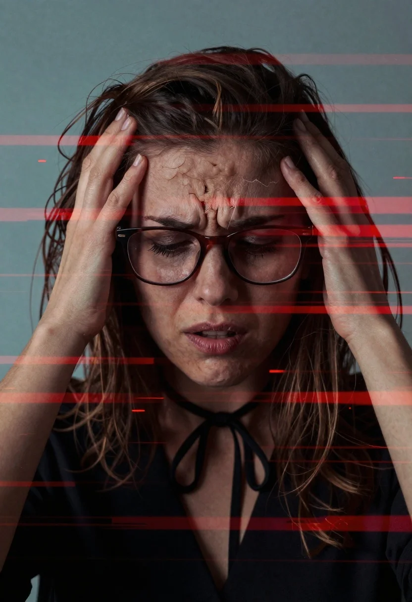 Woman with distressed expression obscured by red digital static