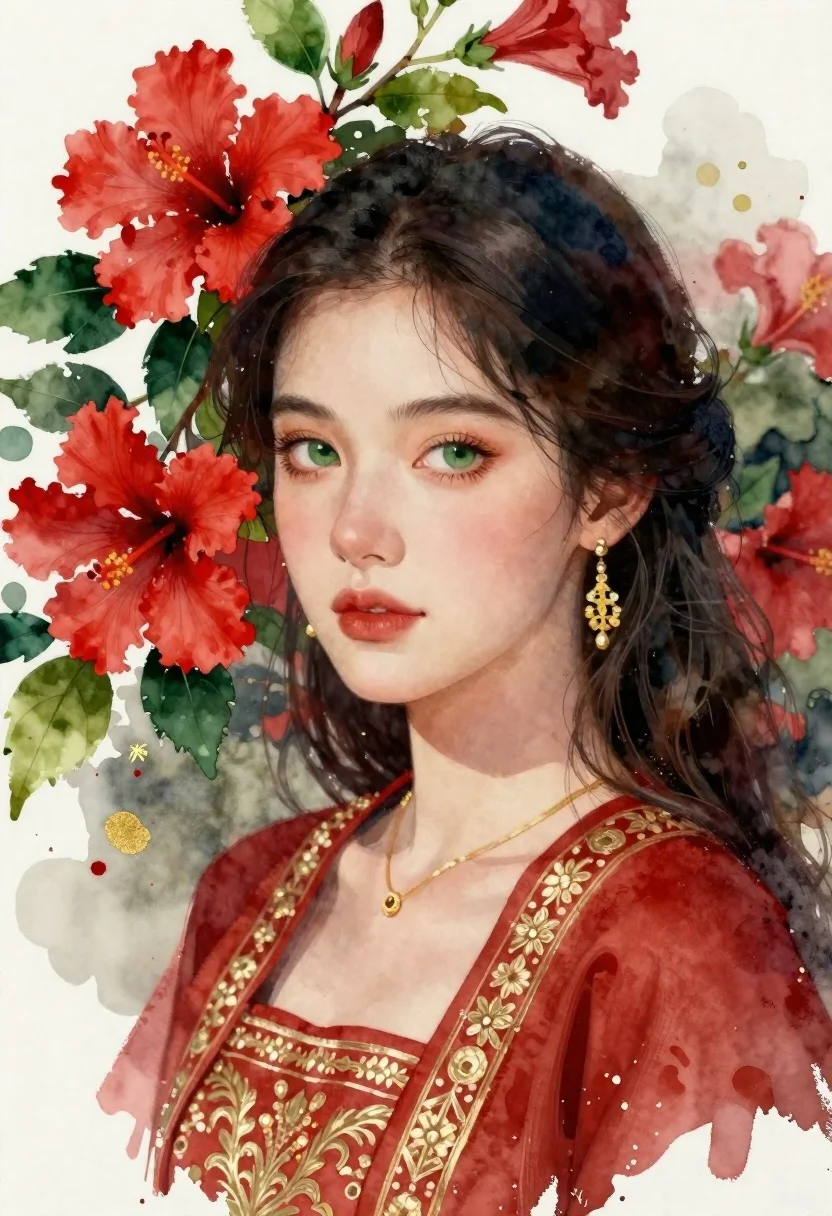 Portrait of young woman with dark hair and green eyes among hibiscus - AI generated image prompt sample