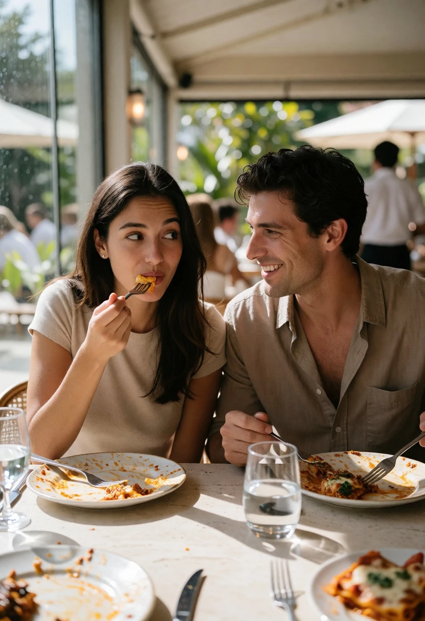 Couple sharing meal at bright airy restaurant patio with natural daylight - AI generated image prompt sample