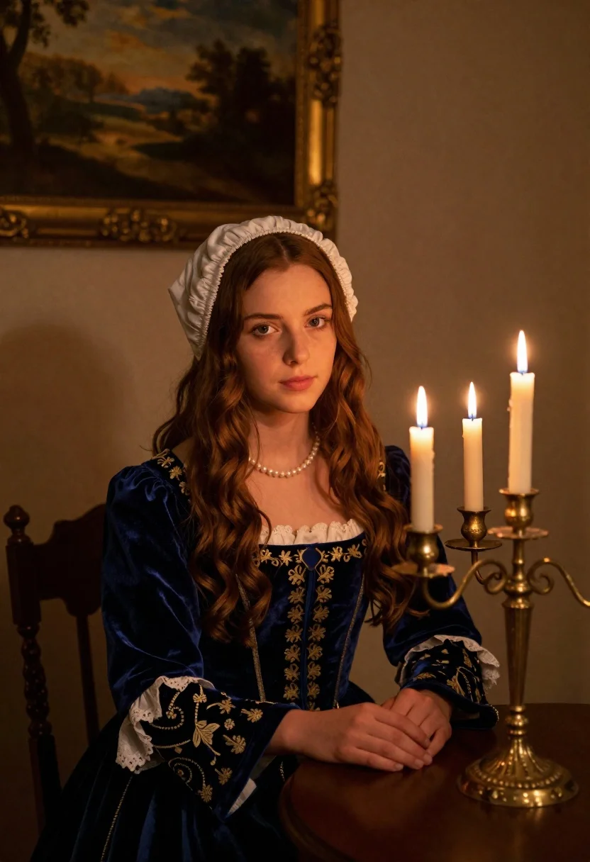 Young woman in blue velvet dress with candelabra in dimly lit room - AI generated image prompt sample