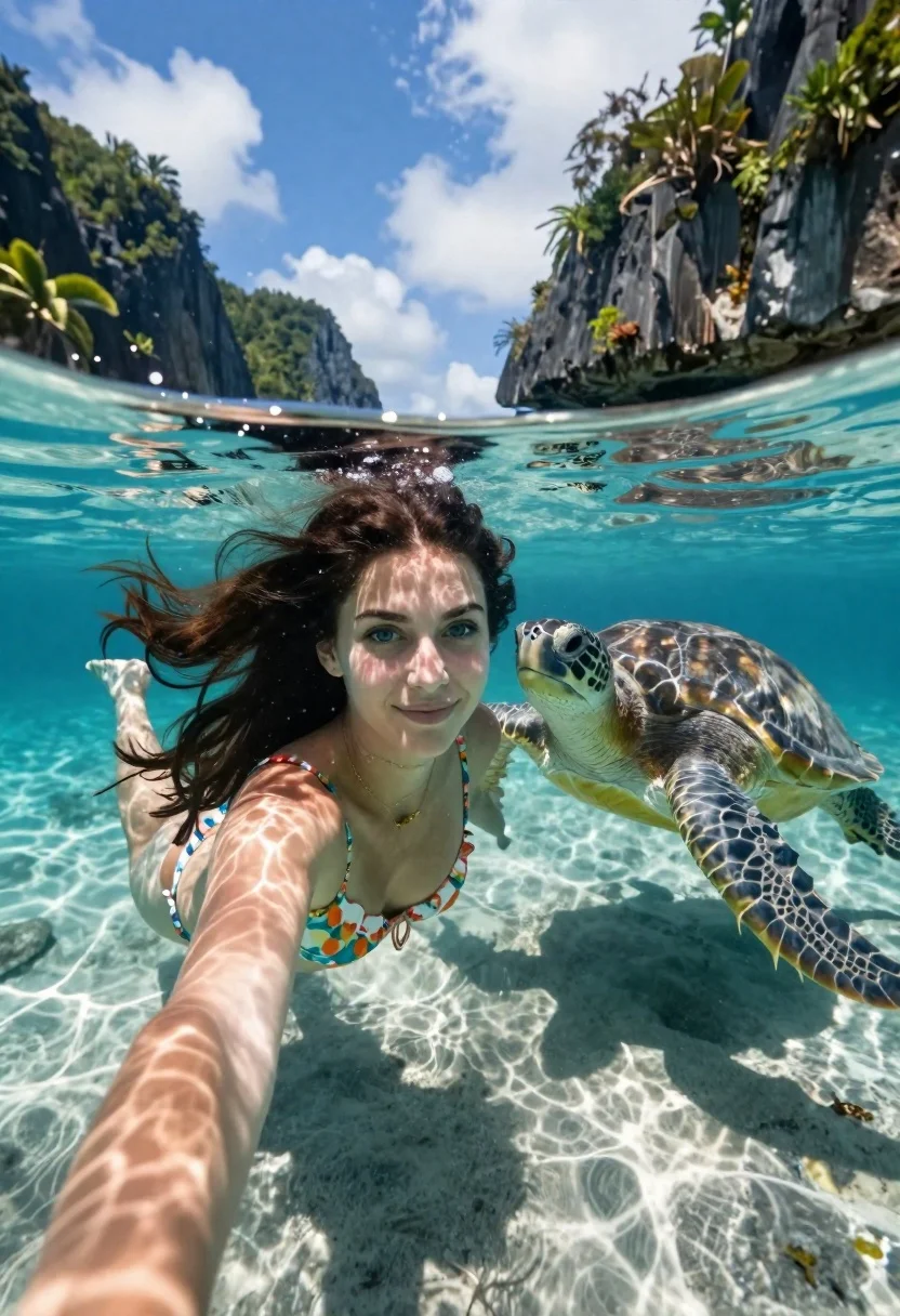 Young woman swimming underwater with sea turtle near limestone cliffs - AI generated image prompt sample