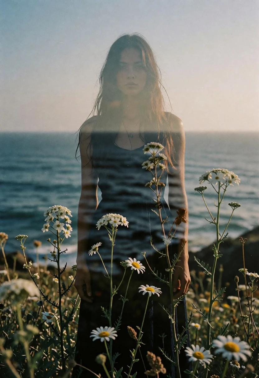 Double exposure portrait of woman merging with wildflowers by the ocean horizon - AI generated image prompt sample