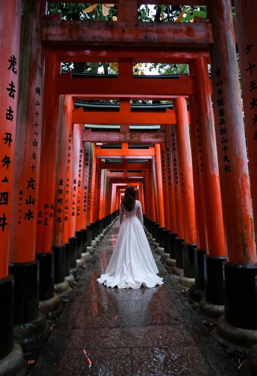 Woman in white dress at vermilion torii gate tunnel