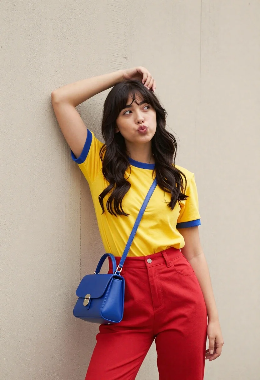 Young woman in yellow tshirt and red trousers leaning against beige wall - AI generated image prompt sample