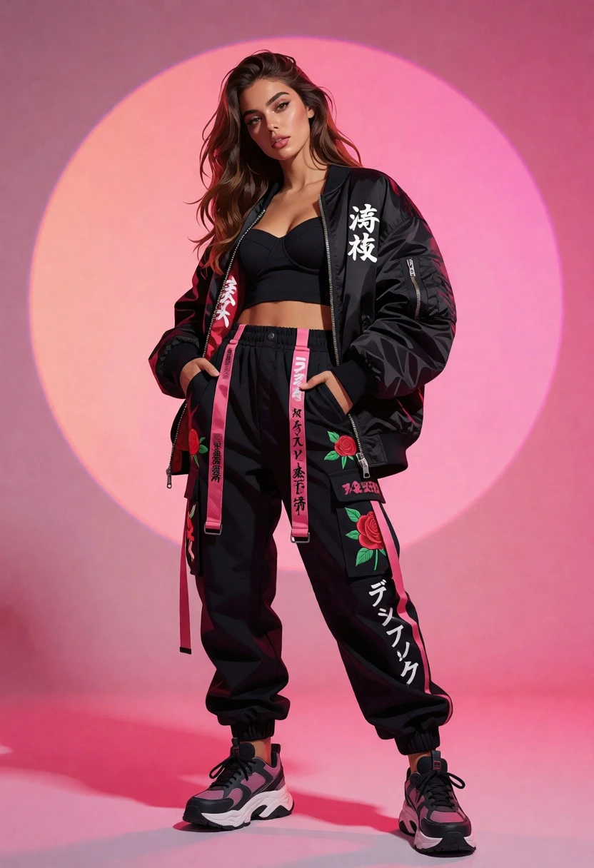 Full body portrait of young woman in black jacket against pink gradient - AI generated image prompt sample