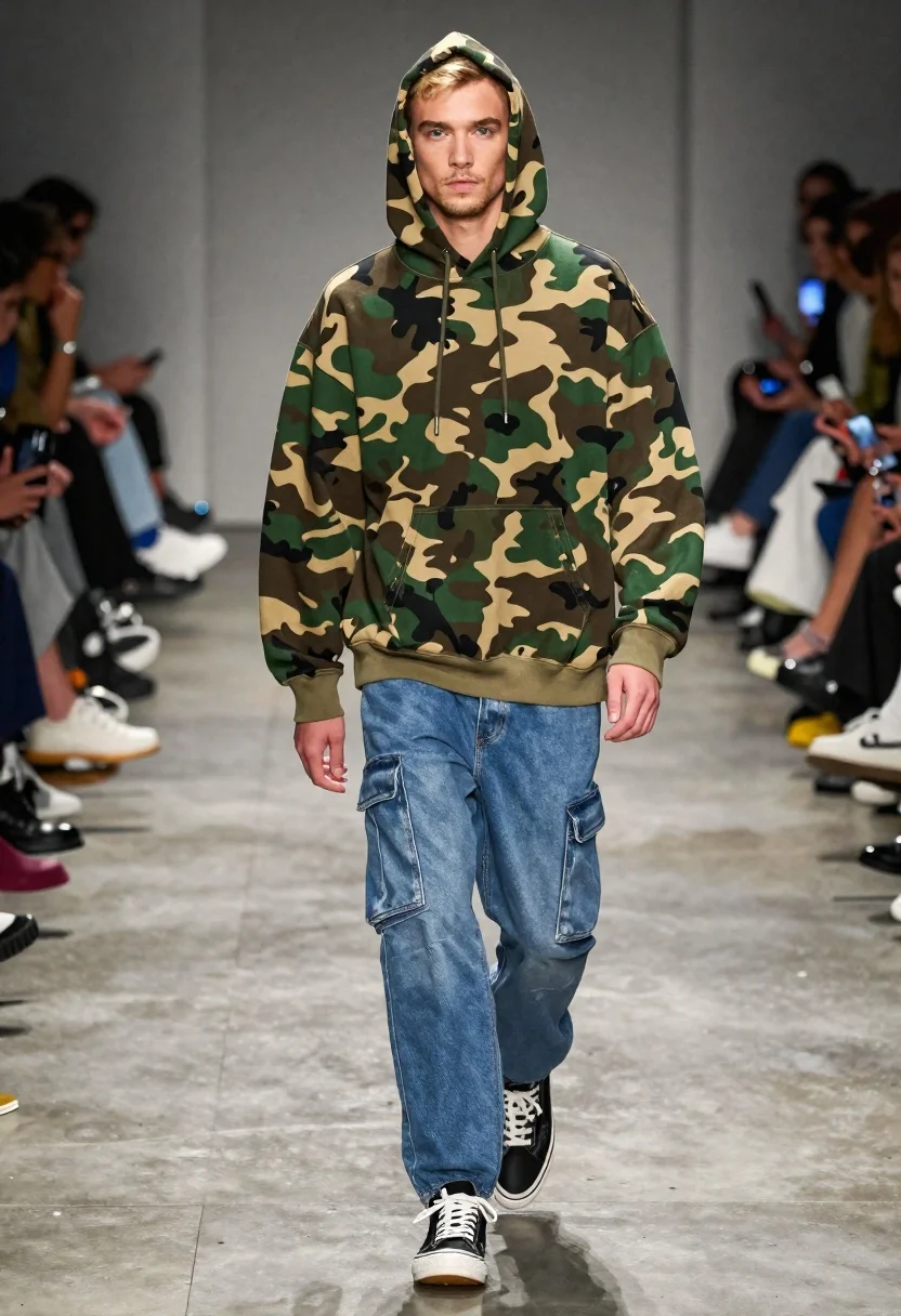 Male model walking down an indoor fashion runway
