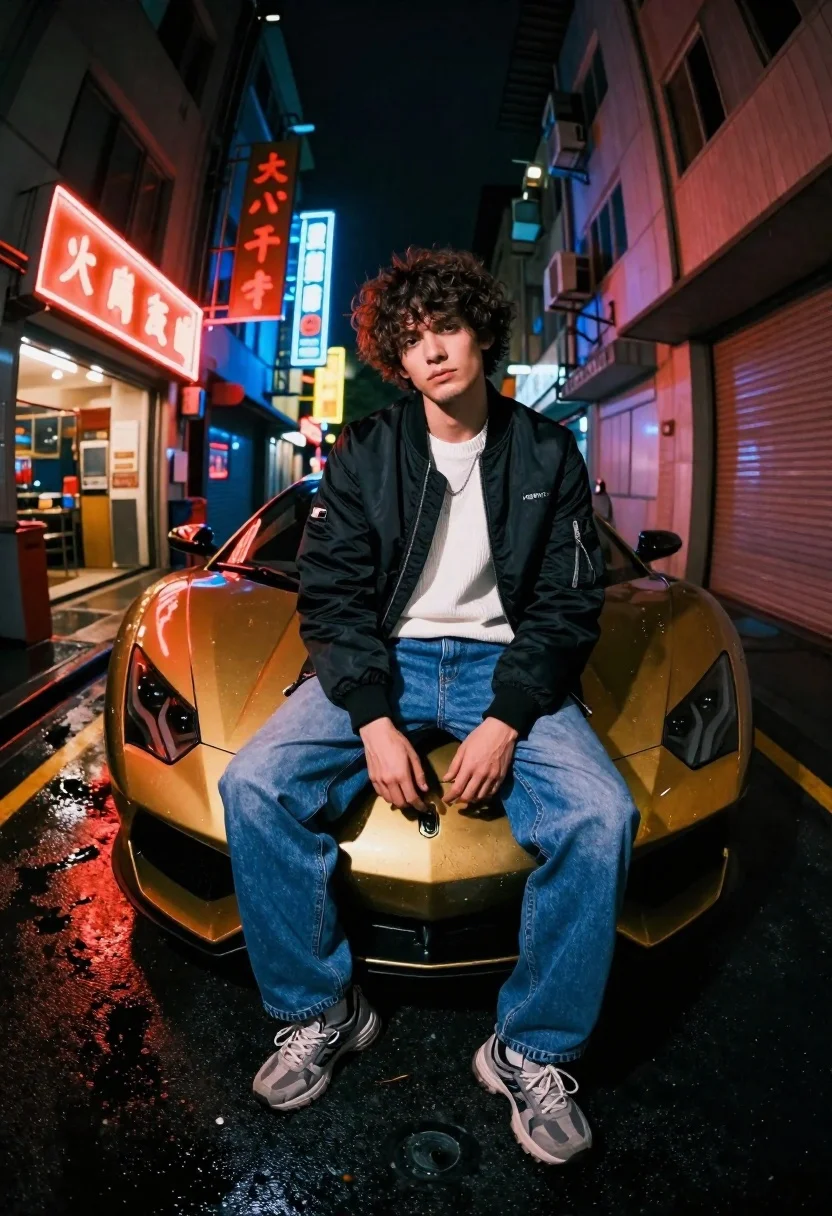 Young man sitting on gold sports car in wet neon alleyway - AI generated image prompt sample
