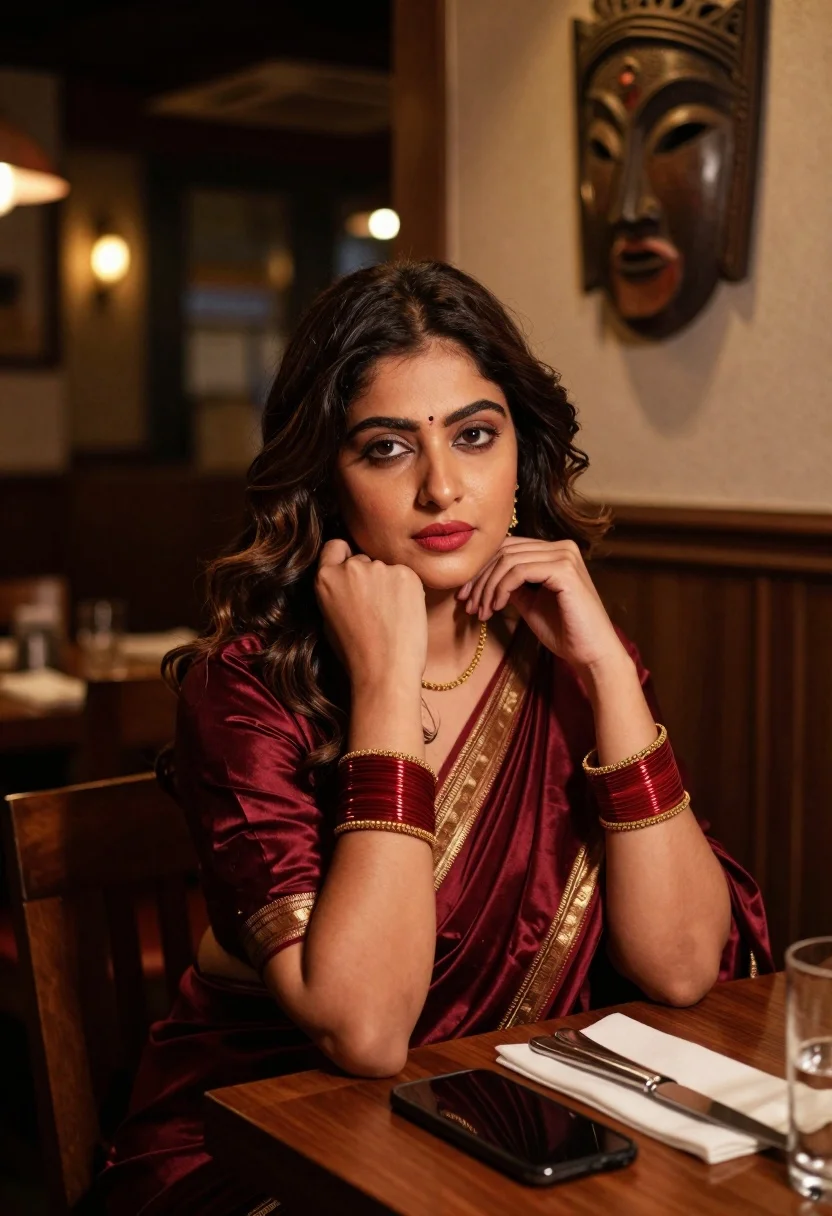 Woman in maroon silk saree resting chin on hand at dimly lit - AI generated image prompt sample