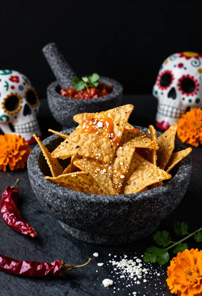 Mexican snacks arranged on a dark stone surface